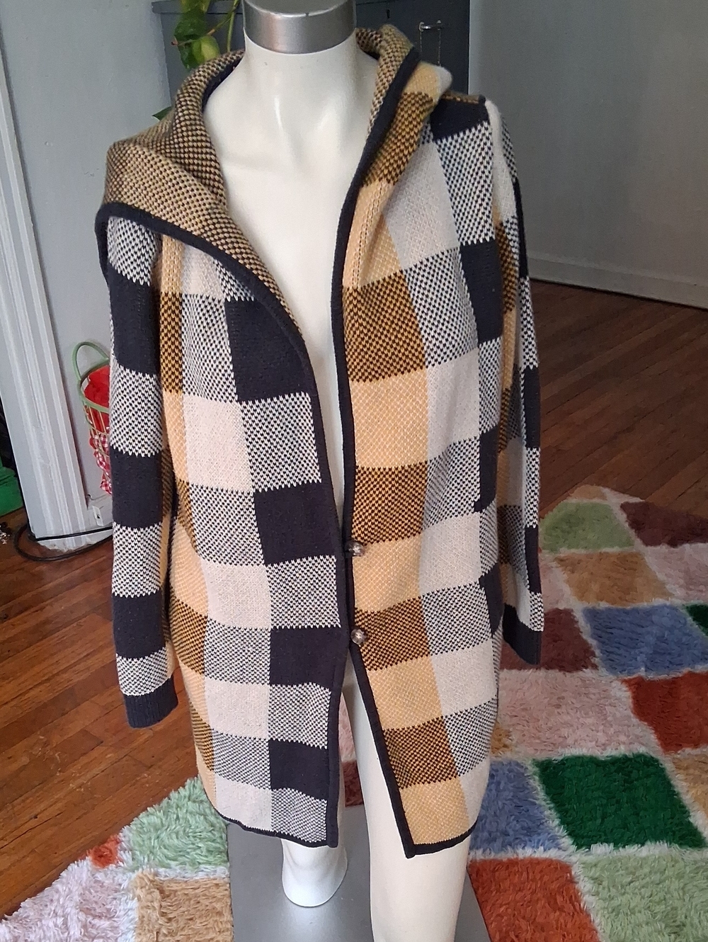 Cabi Hooded Long Plaid Sweater Cardigan